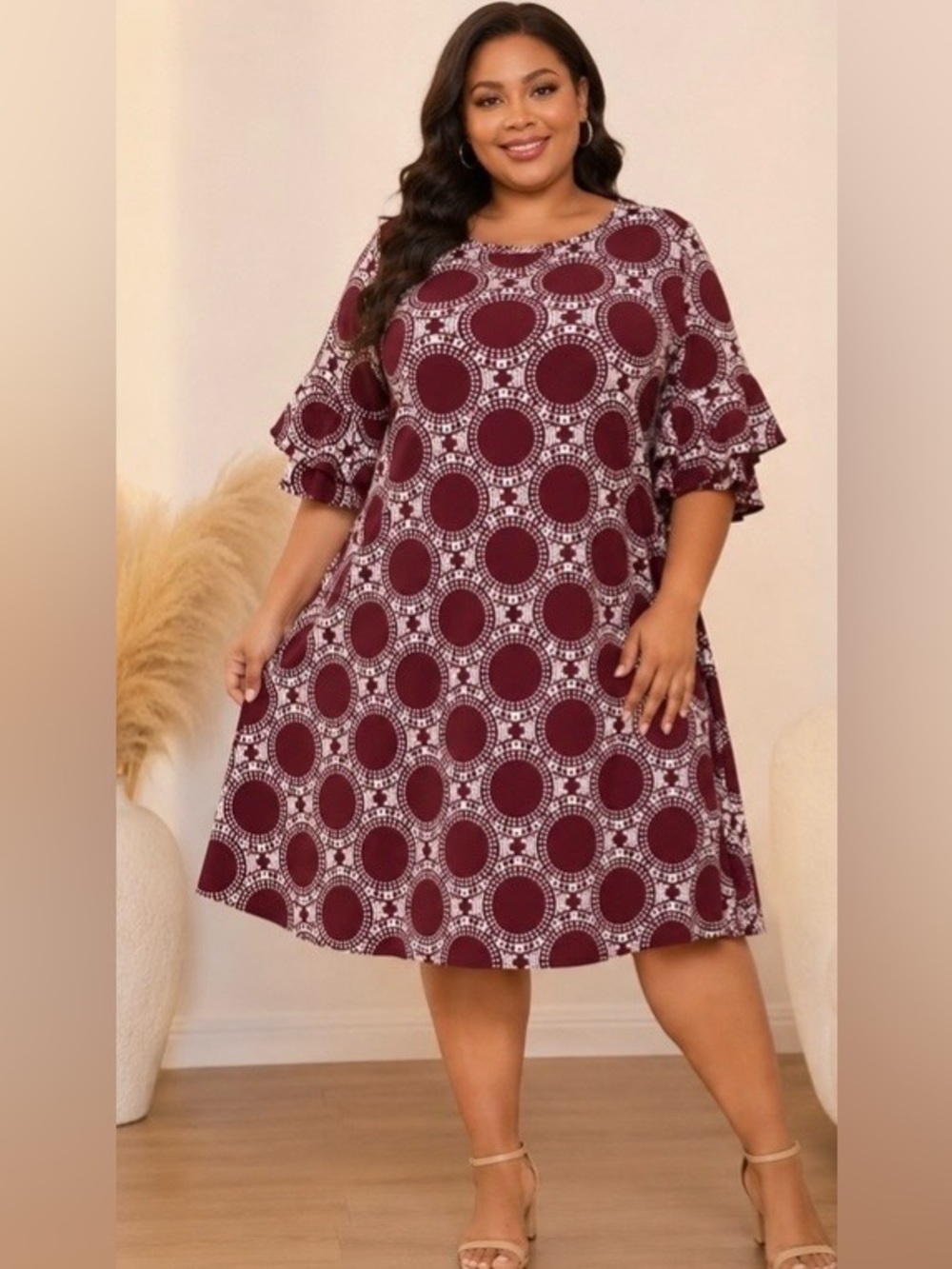 Ronni Nicole Studio Ruffled Sleeves Geometric Print Dress 20W Wine/Ivory